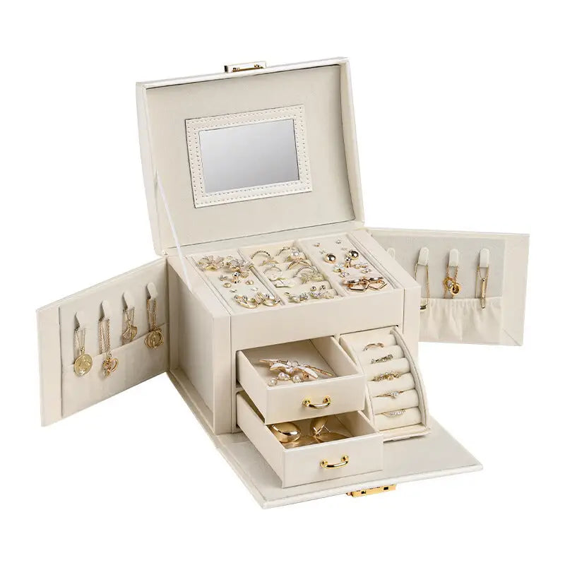 White Pink Luxury Pu Leather Jewelry Storage Box - 3-tier Organizer with Mirror for Necklaces Earrings