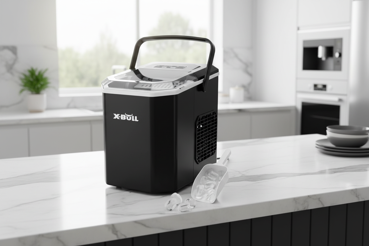 A black X-Bull portable ice maker with a clear lid and handle sits on a white marble kitchen countertop, with ice cubes and a clear scoop in front of it.