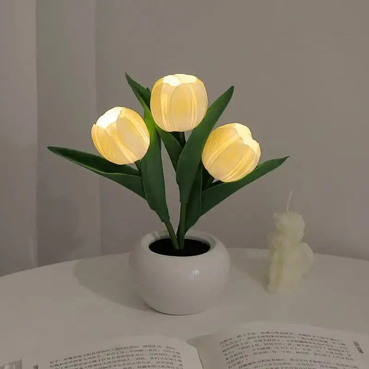 Yellow Flowers Usb Tulip Night Light - Bedroom Decor Table Lamp with Pu & Ceramic Pot